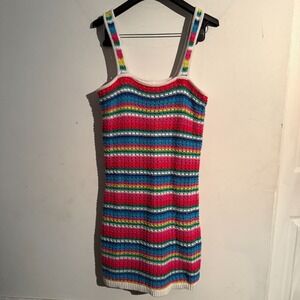 Y2K Gap Boho Festival Rainbow Striped Crochet Knit Tank Mini Dress Small Resort